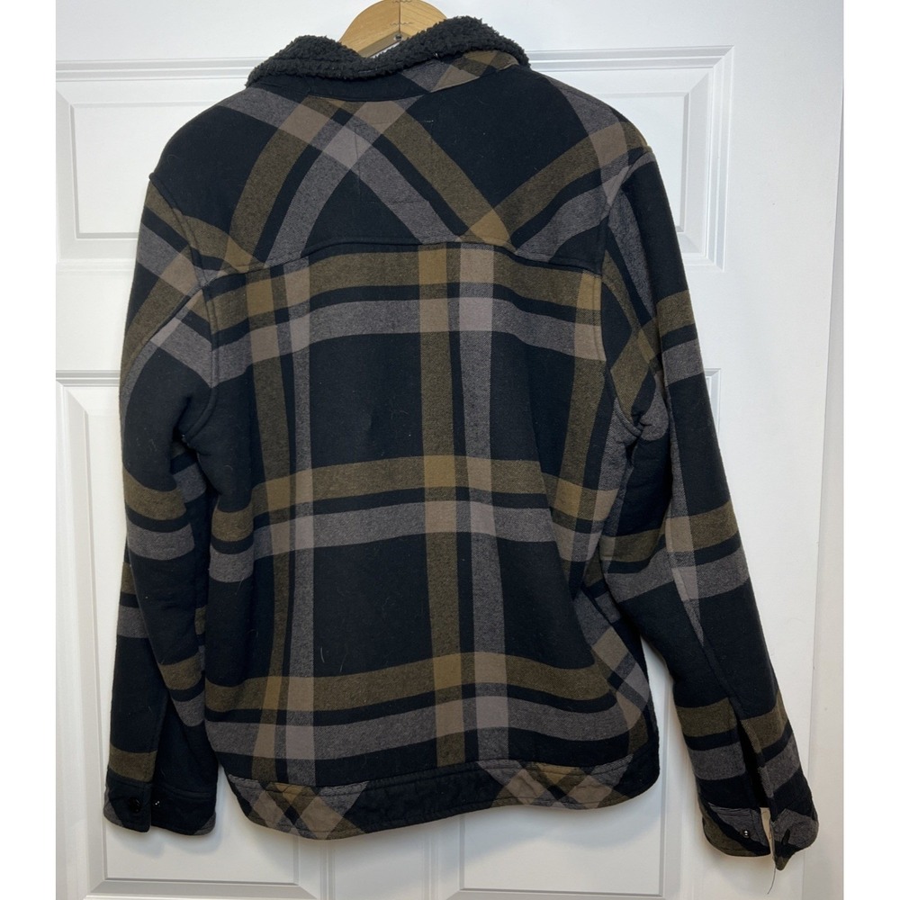 Hurley Mens Sherpa Lined Flannel Trucker Jacket Large Charcoal Brown Plaid Thick - Picture 3 of 12
